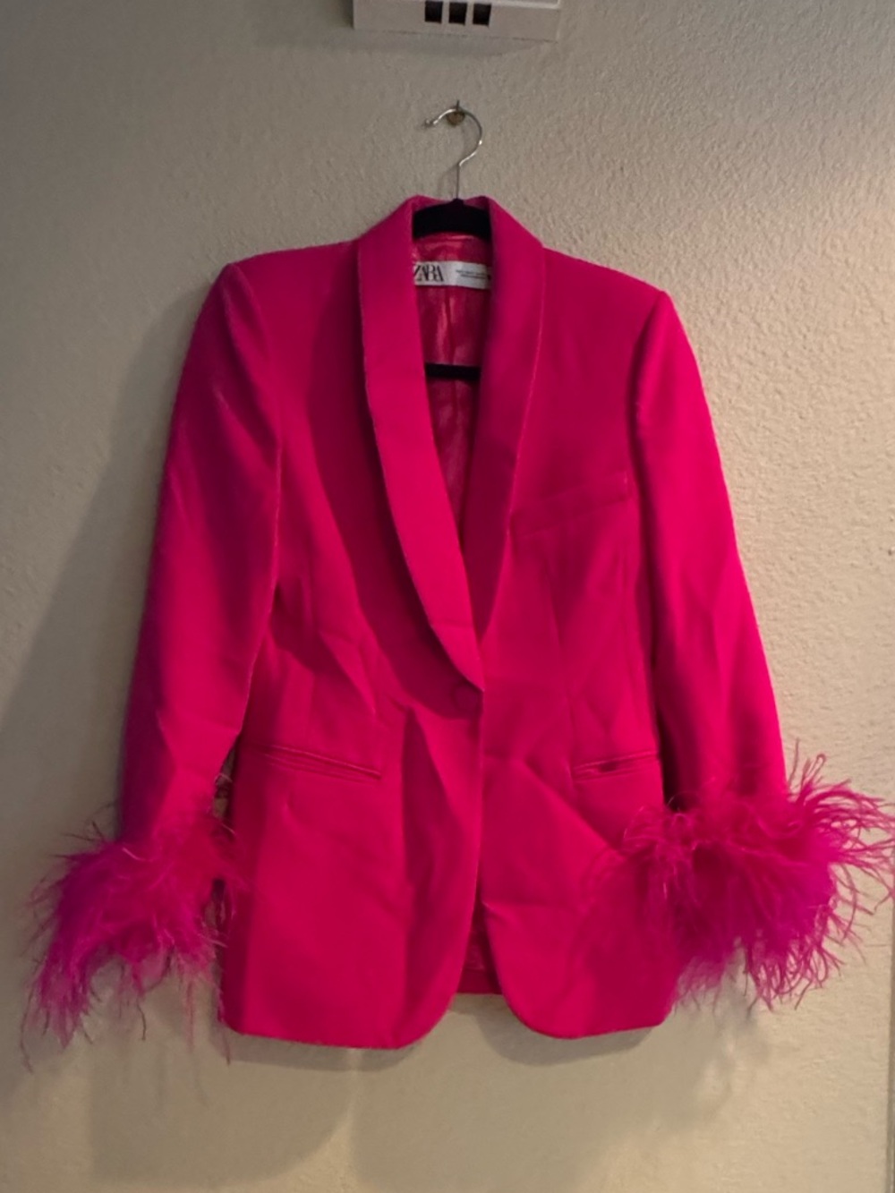 Zara Hot Pink Feather-Cuff Blazer Set
